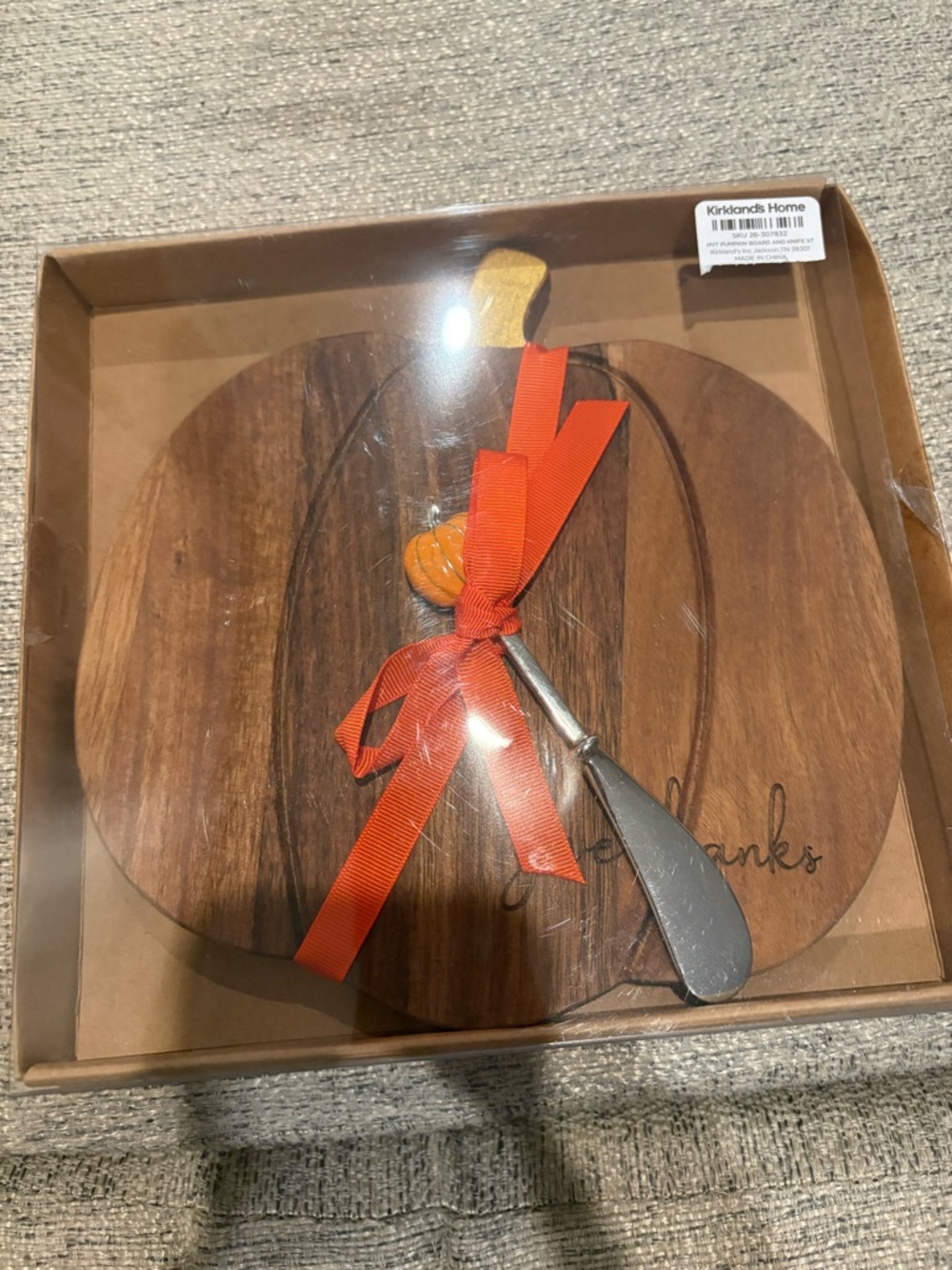 Kirklands Wood Pumpkin Cheese Board with Orange Ribbon and Silver Spreader